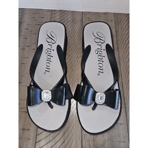 Brighton Sandals 8.5 Bowie Black Silver Rhinestone Bow Thong Wedge Flip Flop